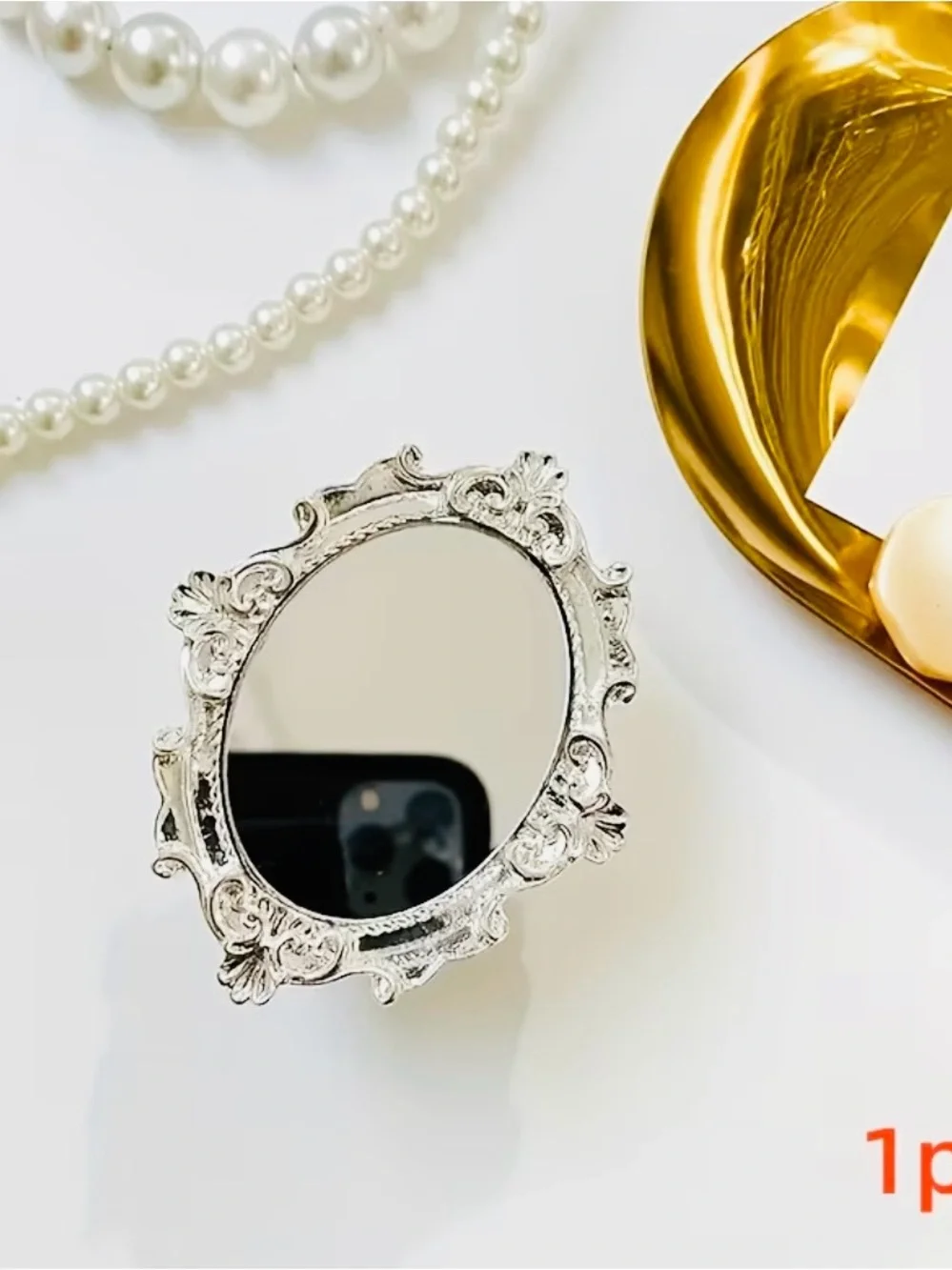 Ornate Vintage-Style Phone Mirror PopSocket - in Silver